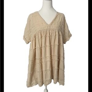 Listicle Cotton Boho Short Sleeve Vneck Babydoll Beige Dress Large